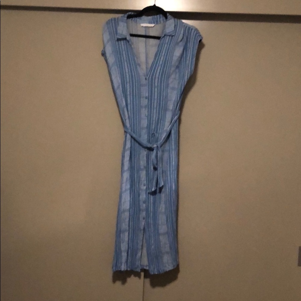Blue and white striped midi dress with waist tie